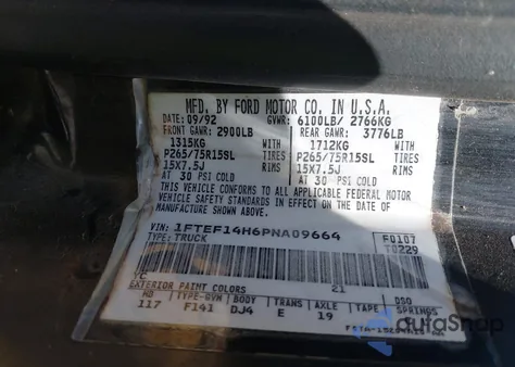 1993 Ford F150 from USA, damaged, VIN 1FTEF14H6PNA09664